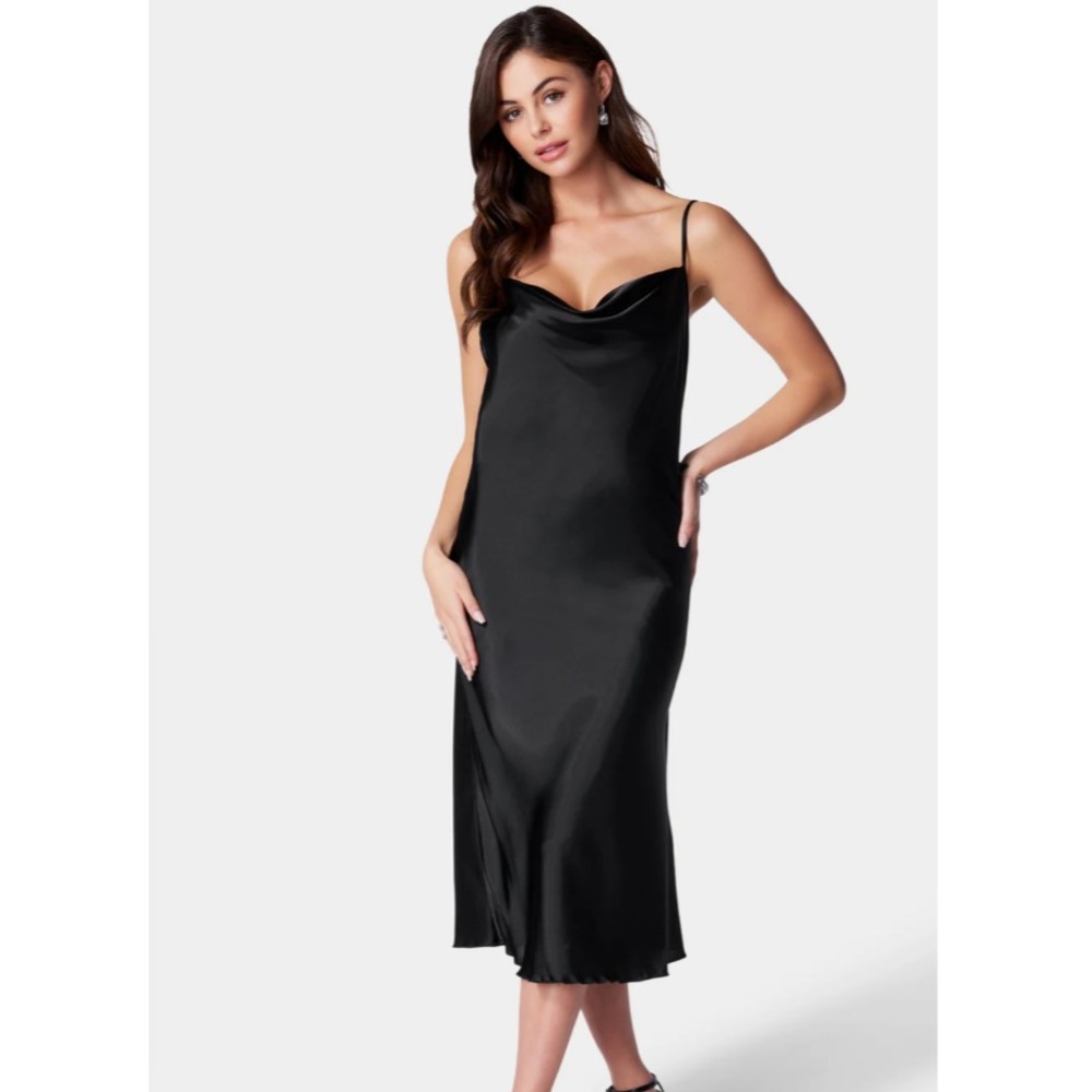 Vtg Bebe Black Satin Slip‎ Dress XL Midi  Cowl 90s Y2K Whimsygoth Sexy Feminine
